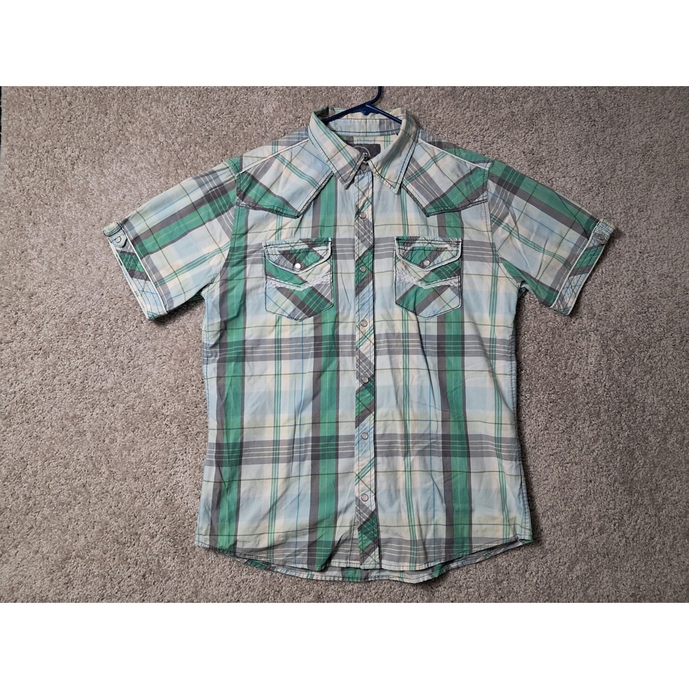 BKE Shirt Mens L Green Plaid Slim Fit Short Sleeve Western Snap 11257NM